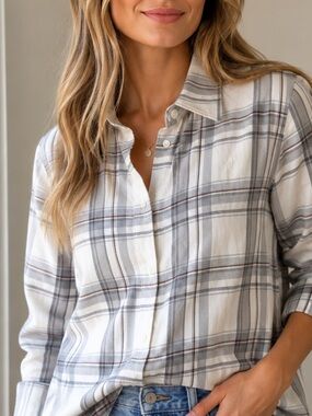 Ralph Lauren White and Gray Plaid Women’s Button-Down Shirt S 100% cotton